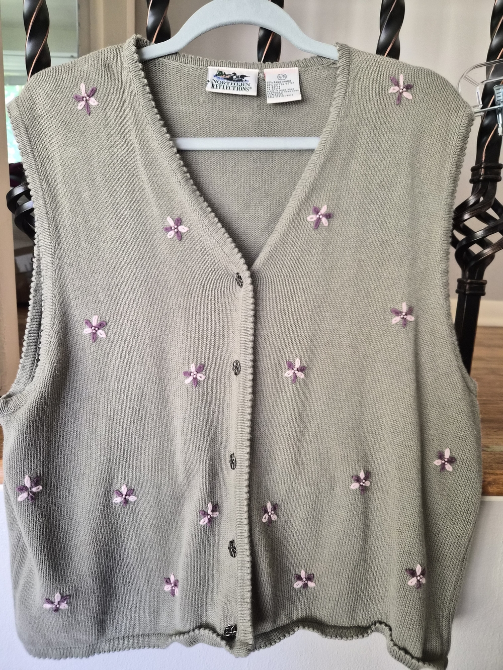 Vintage Northern Reflections Sage Green Sweater Vest with Pink Floral Embroidery